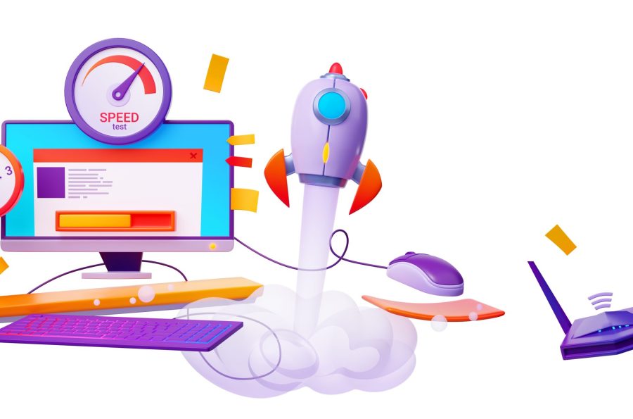3D illustration of desktop computer with web page, speedometer and clock icons, rocket launch and wi-fi router isolated on white background. Website loading speed test. Internet traffic optimization