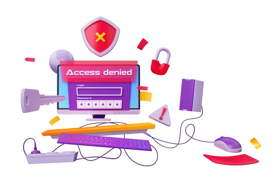 3d render data protection concept. Computer show access denied notification. Hacker attack, antivirus, firewall alert. Cyber security, computing internet network secure technology cartoon illustration